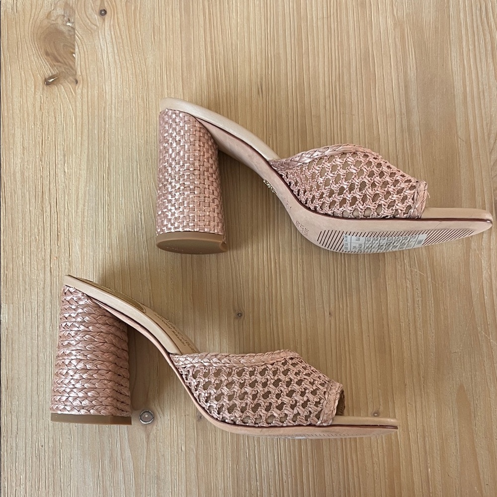 The Nat Note natural tan rafia espadrille Woven Heeled Mule sandals chunky heel - Picture 7 of 8
